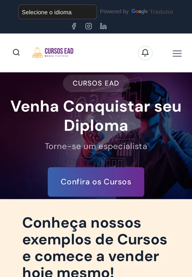 Site de cursos do ambiente de exemplo da eadSimples aberto no celular