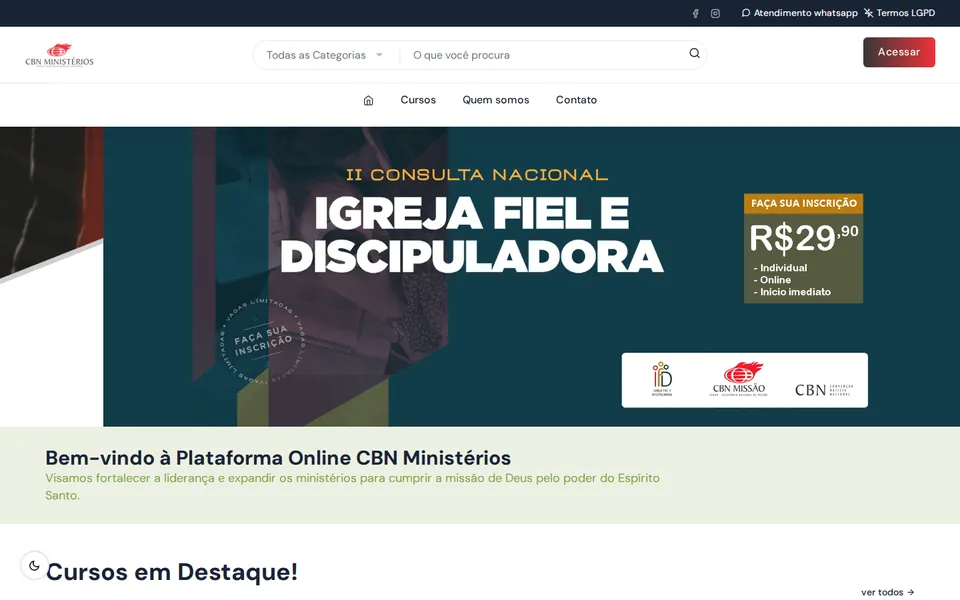 Página inicial da plataforma online da CBN Ministérios